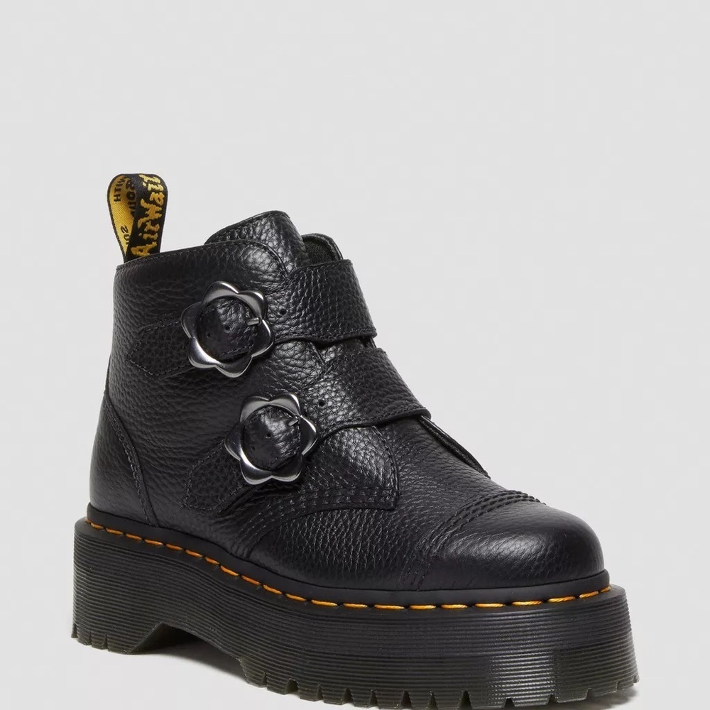 New Dr. Martens Women's Devon Flower Buckle Leather Platform Boots
